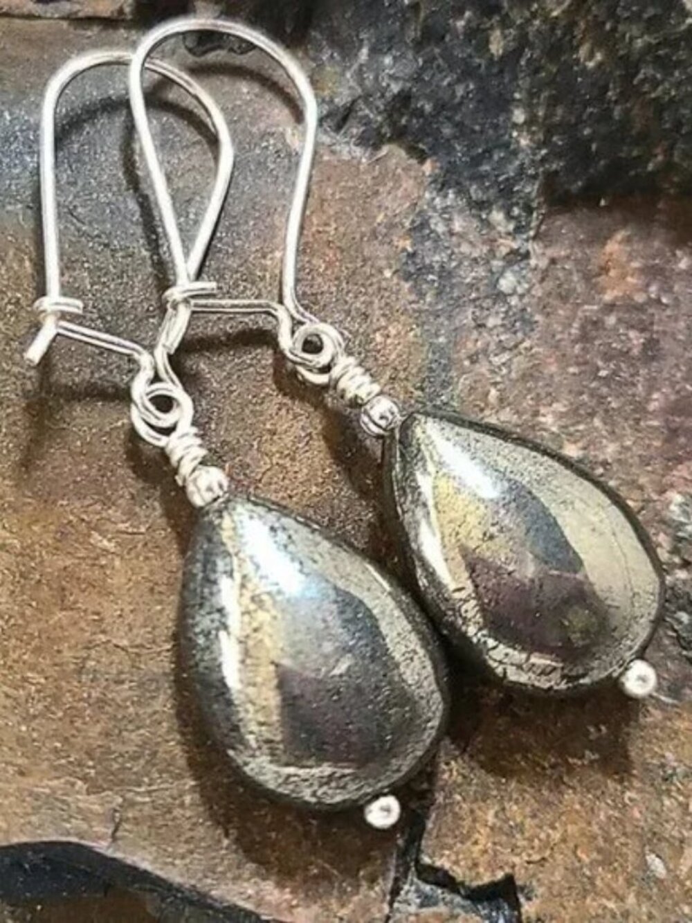 Sterling Silver Pyrite Stone Dangle Earrings, Genuine Gemstone Jewelry, Handmade